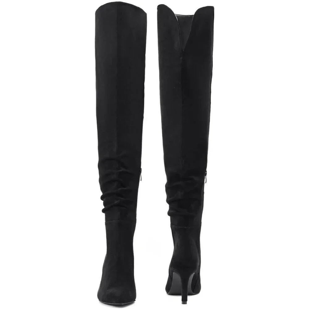 Women Suede Black Thigh High Over The Knee Stiletto Heel Pointed Toe Long Boot